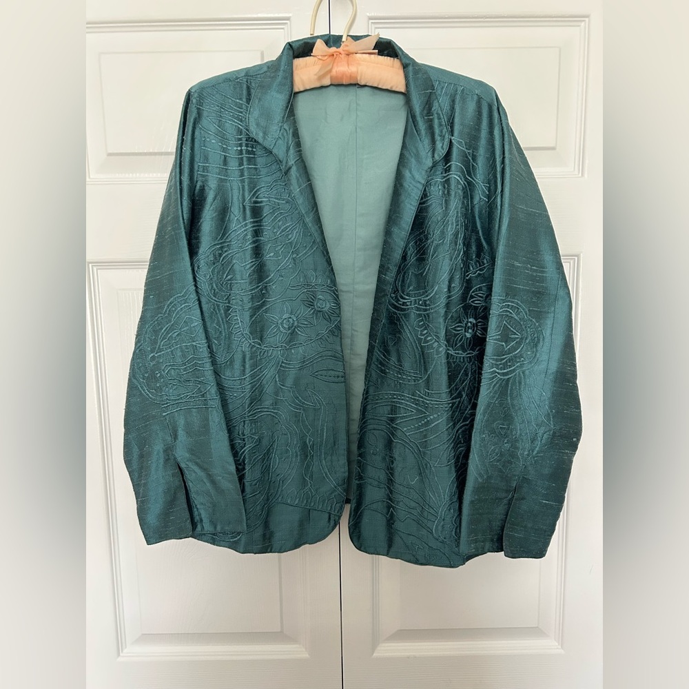 Lovely Teal Silk Jacquard Jacket by Anu size Large